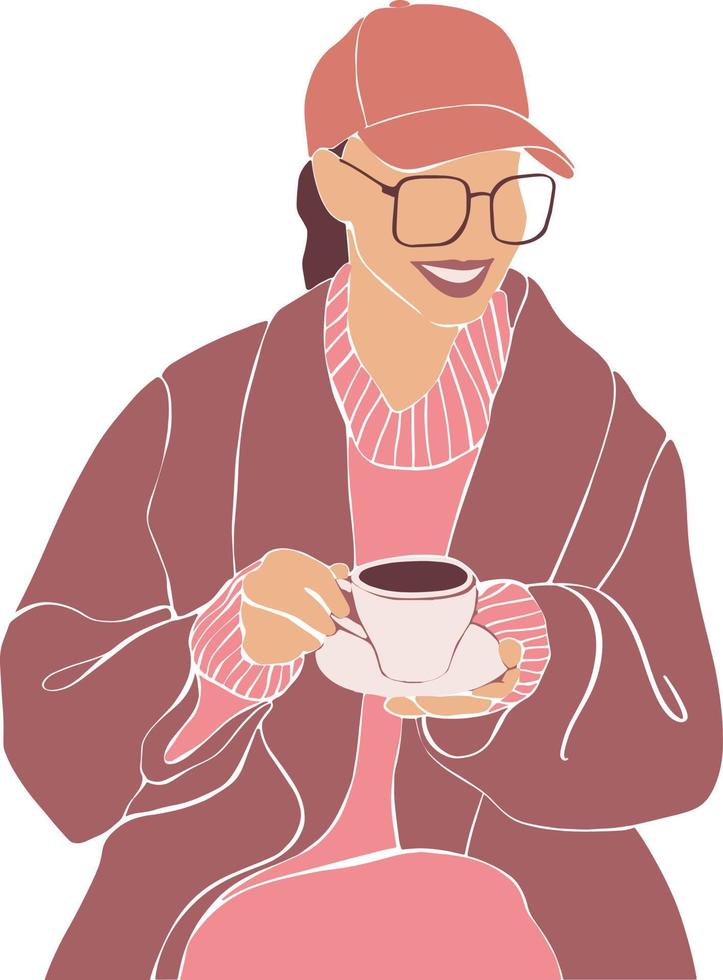 Ein junges Mädchen in Mantel und Mütze trinkt Kaffee. illustration in einem flachen stil. vektor