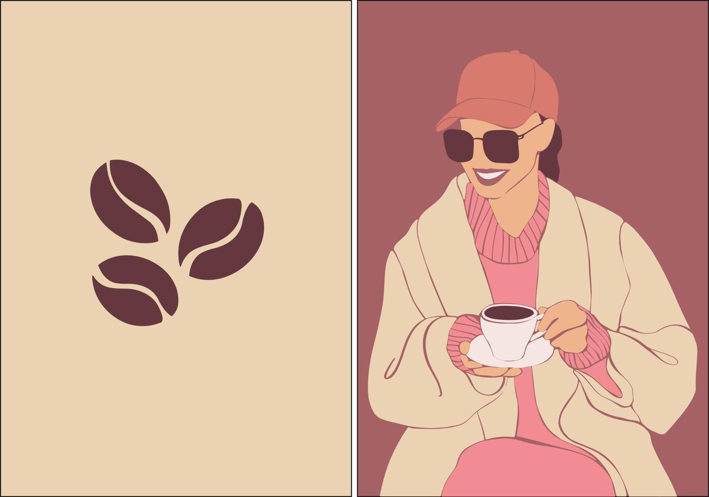 eine Reihe von Postern zum Thema Kaffee. Ein junges Mädchen trinkt Kaffee. Layout für ein Café. vektor