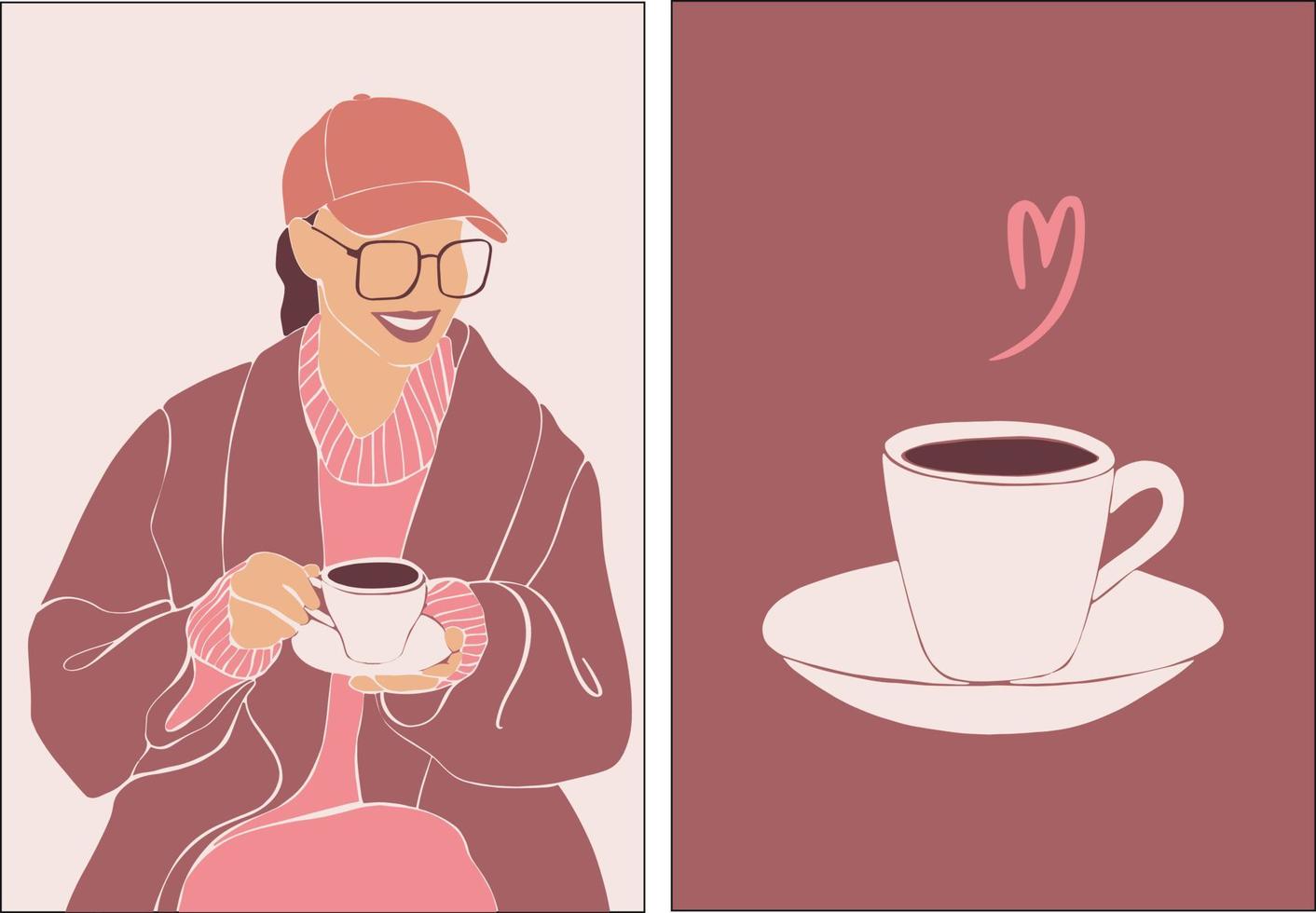 en uppsättning av posters på de kaffe tema. en ung flicka är dricka kaffe. layout för en kaffe affär. vektor