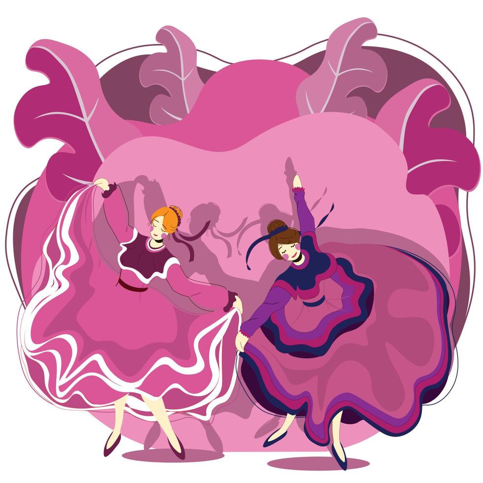 skön två kvinnor bär traditionell klänningar dans under cinco de mayo festival mexikansk. latin folk musik firande. tecknad serie platt illustration. vektor