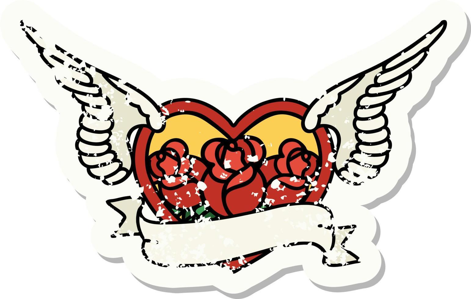 Distressed Sticker Tattoo im traditionellen Stil eines fliegenden Herzens mit Blumen und Banner vektor