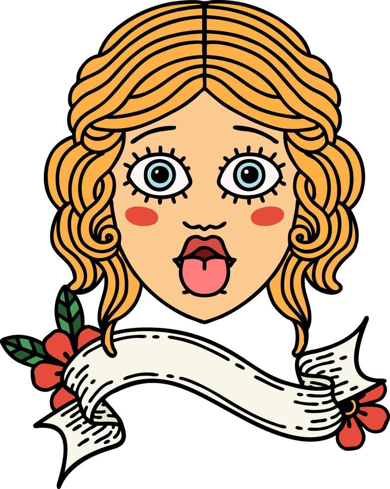 Traditionelles Tattoo mit Banner des weiblichen Gesichts, das die Zunge herausstreckt vektor