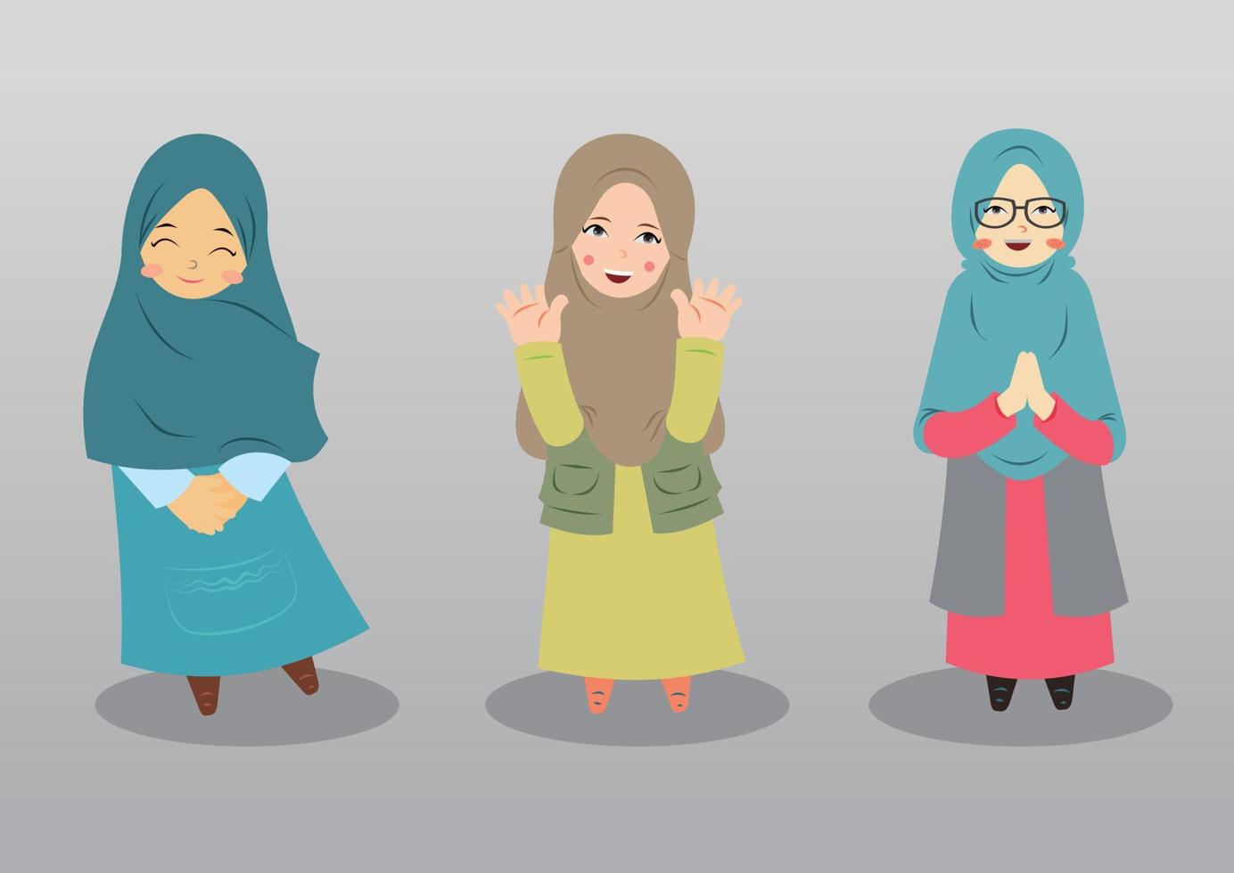 drei süße Hijab-Hallo-Geste vektor