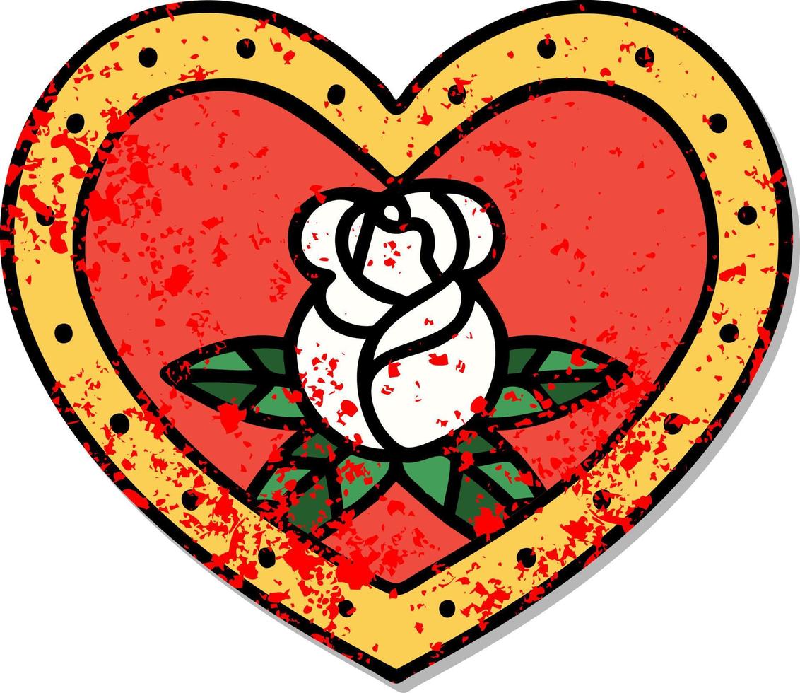 bedrövad klistermärke tatuering i traditionell stil av en hjärta och blommor vektor