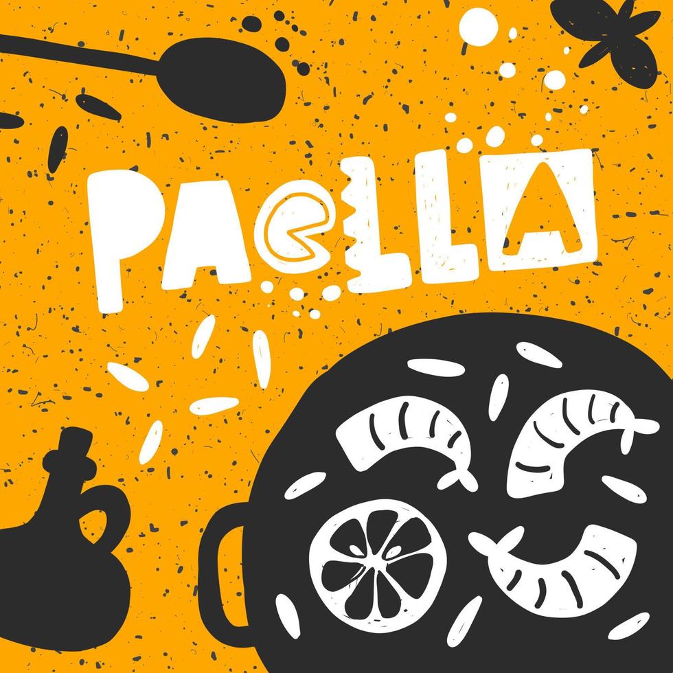 Paella-Vektor handgezeichnete Banner-Vorlage. traditioneller spanischer Geschirraufkleber mit stilisierten Schriftzügen und Tintentropfen. Pfanne mit Gemüse und Meeresfrüchten. restaurantmenü, plakatgestaltungselement vektor