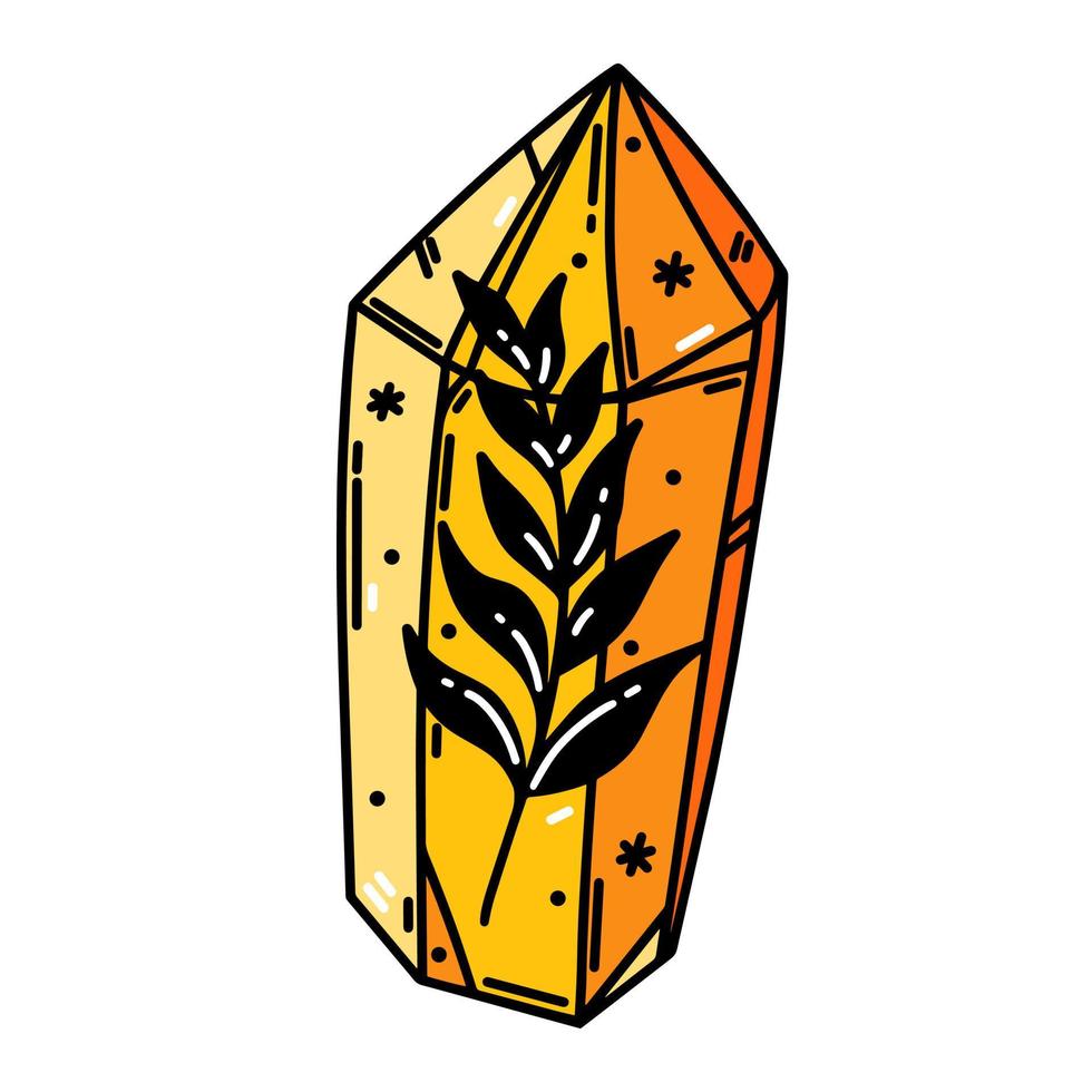magi gul kristall vektor ikon. växt med löv inuti glas kvarts. gren inuti en himmelsk prisma. platt tecknad serie ClipArt isolerat på vit. illustration för kort, affischer, grafik, spel