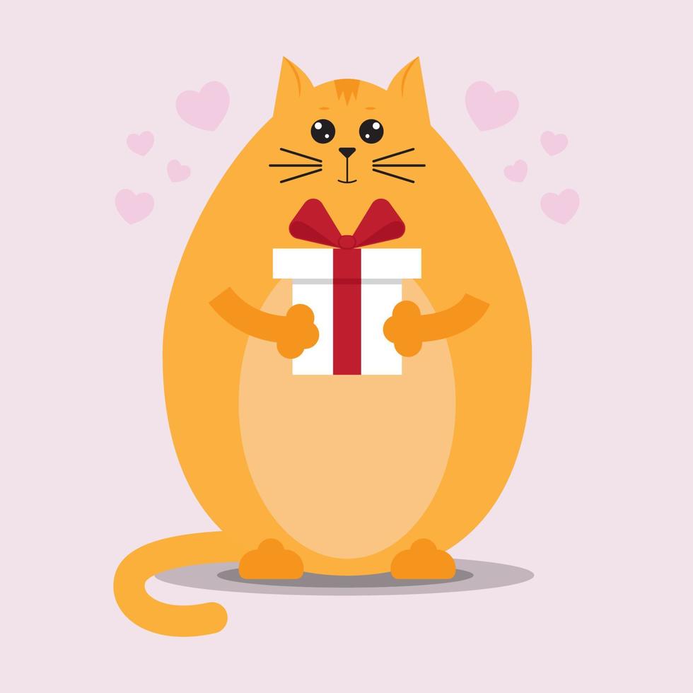 lustige fette katze verliebt in ein geschenk in einem flachen stil auf einem rosa hintergrund mit herzen vektor