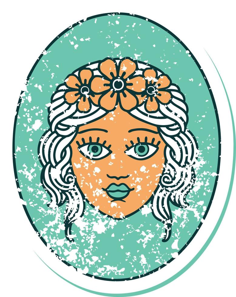 ikoniska bedrövad klistermärke tatuering stil bild av en jungfru med krona av blommor vektor