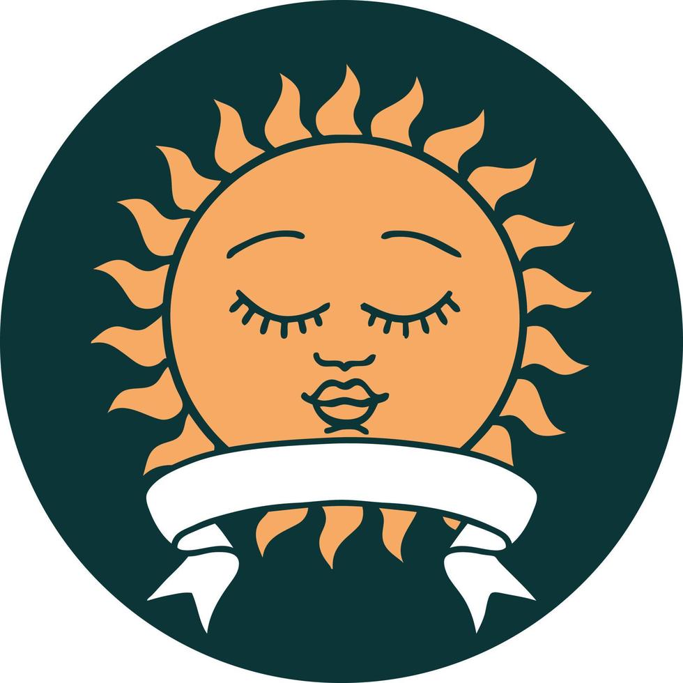 Tattoo-Stil-Ikone mit Banner einer Sonne mit Gesicht vektor