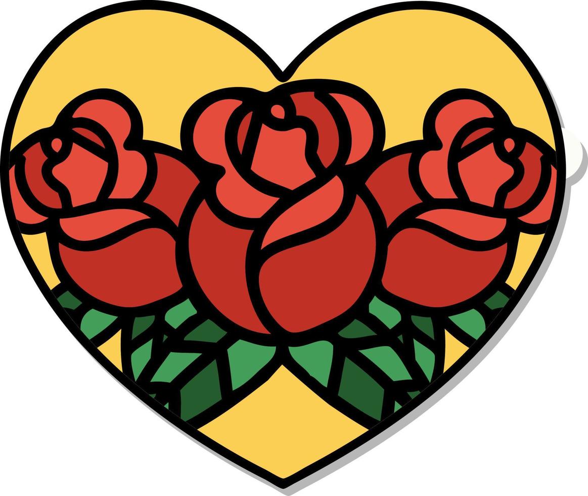klistermärke av tatuering i traditionell stil av en hjärta och blommor vektor