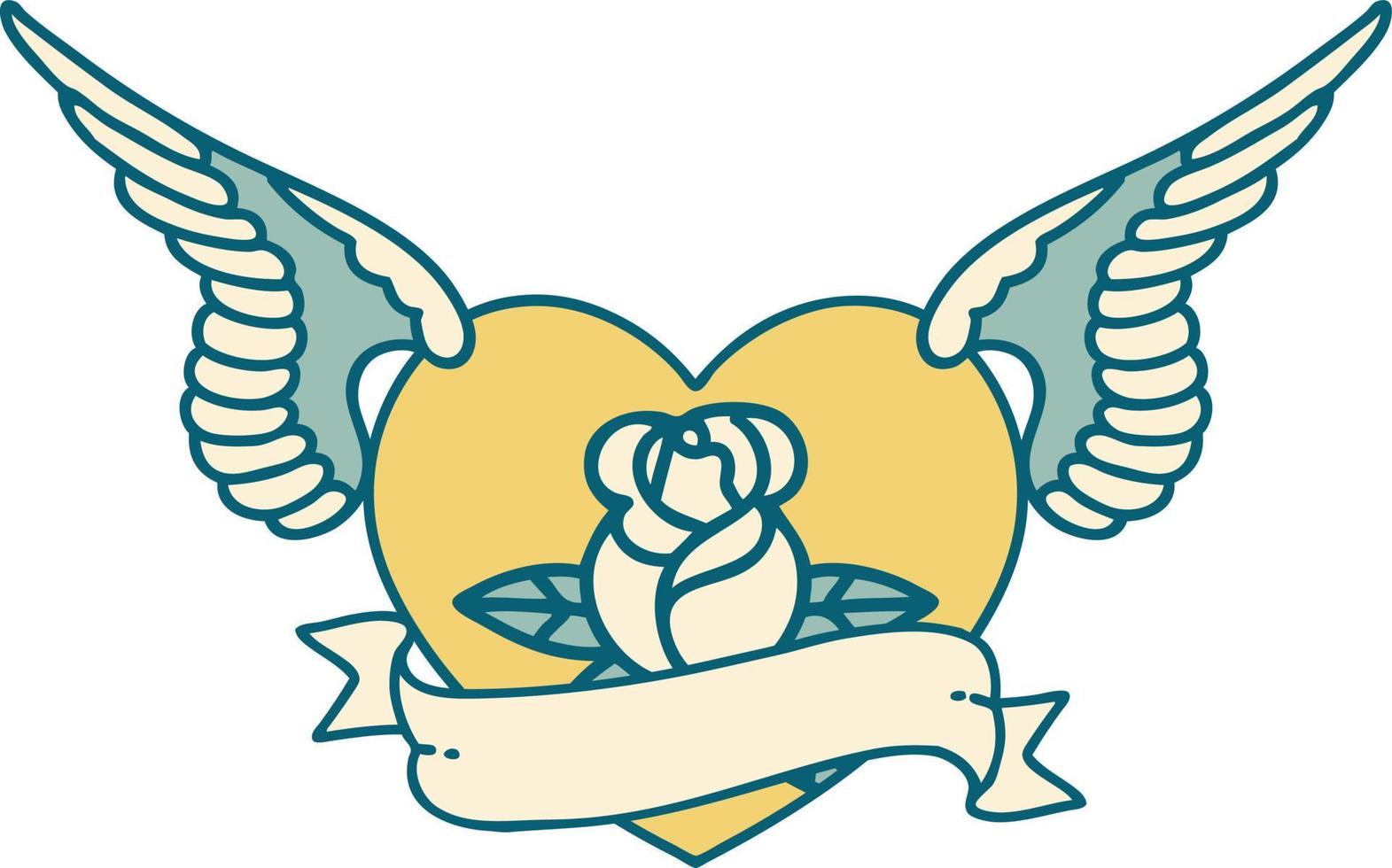 ikonisches Bild im Tattoo-Stil eines fliegenden Herzens mit Blumen und Banner vektor