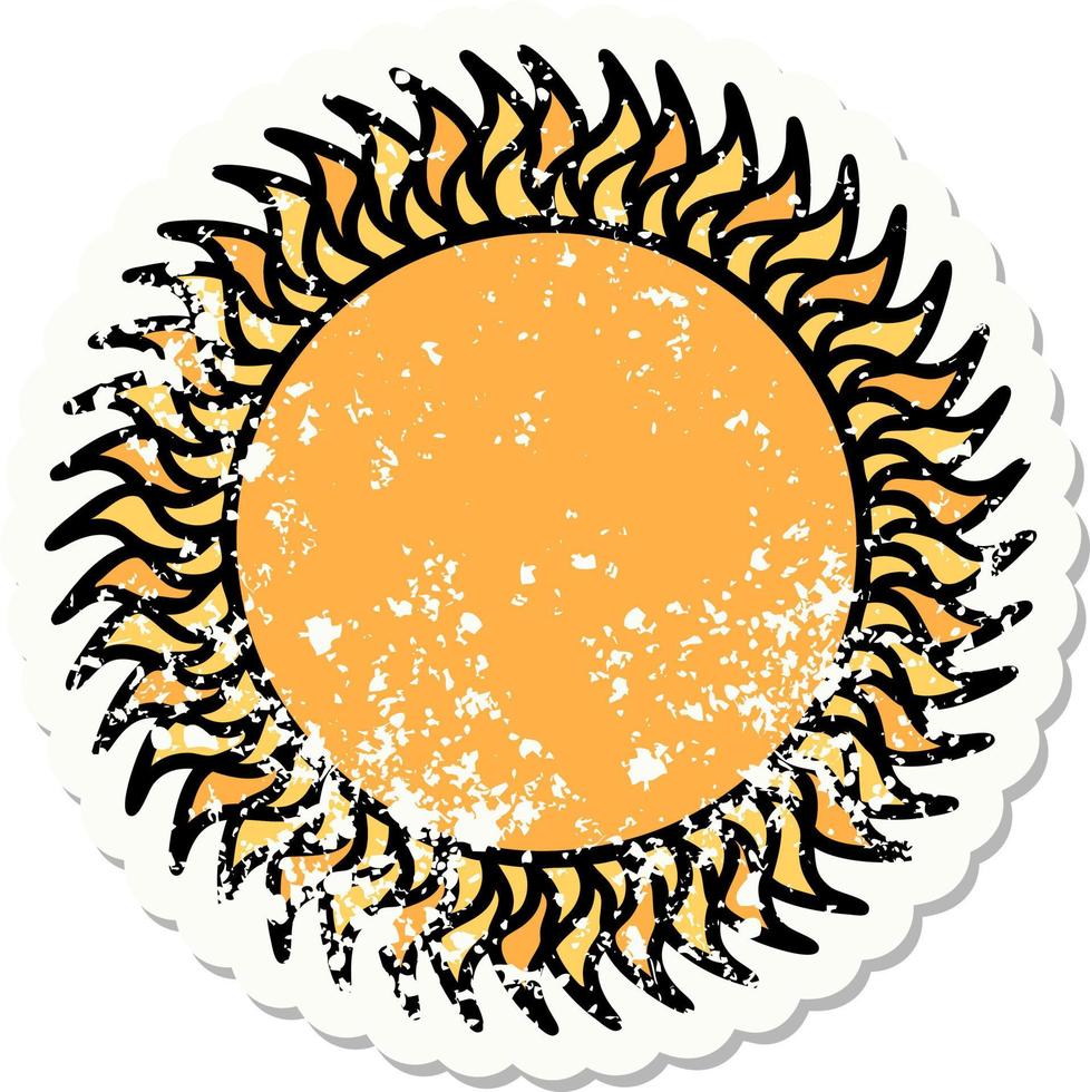 Distressed Sticker Tattoo im traditionellen Stil einer Sonne vektor