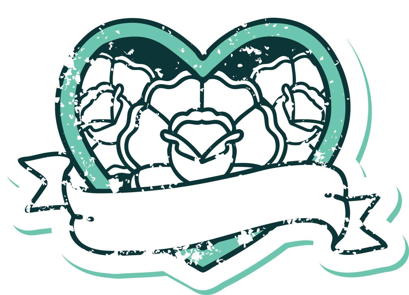 ikonisches Distressed Sticker Tattoo Style Bild eines Herzens und Banner mit Blumen vektor