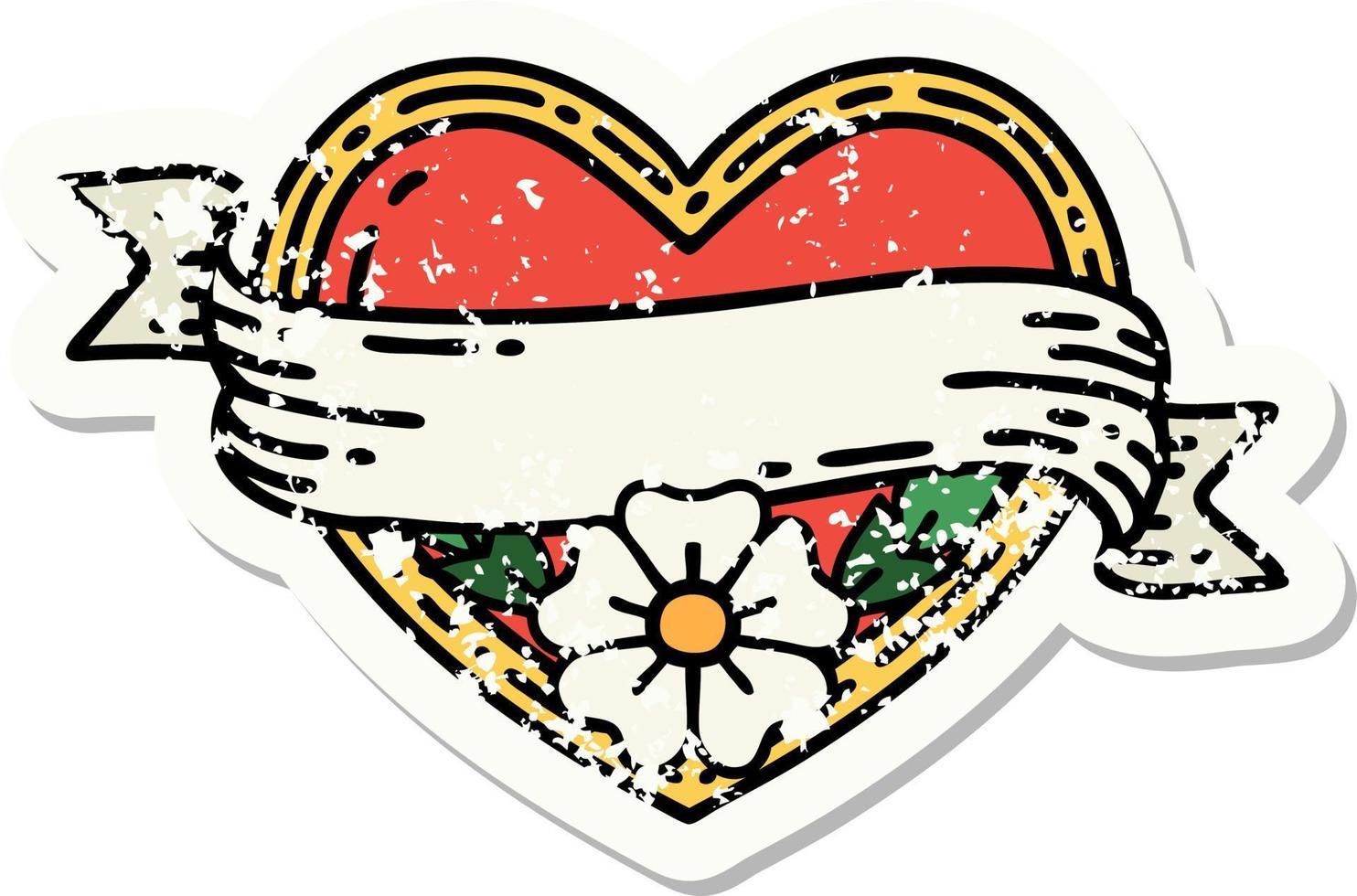 Distressed Sticker Tattoo im traditionellen Stil eines Herzens und eines Banners mit Blumen vektor