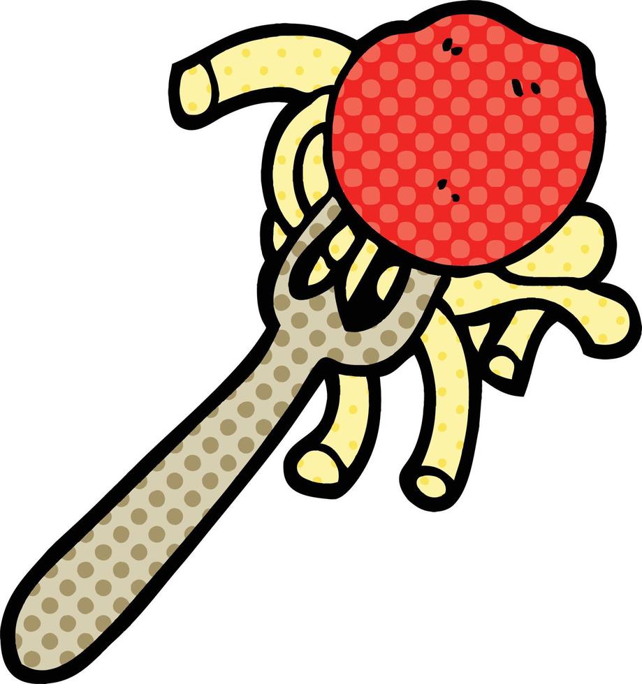 komisk bok stil tecknad serie spaghetti och köttbullar på gaffel vektor