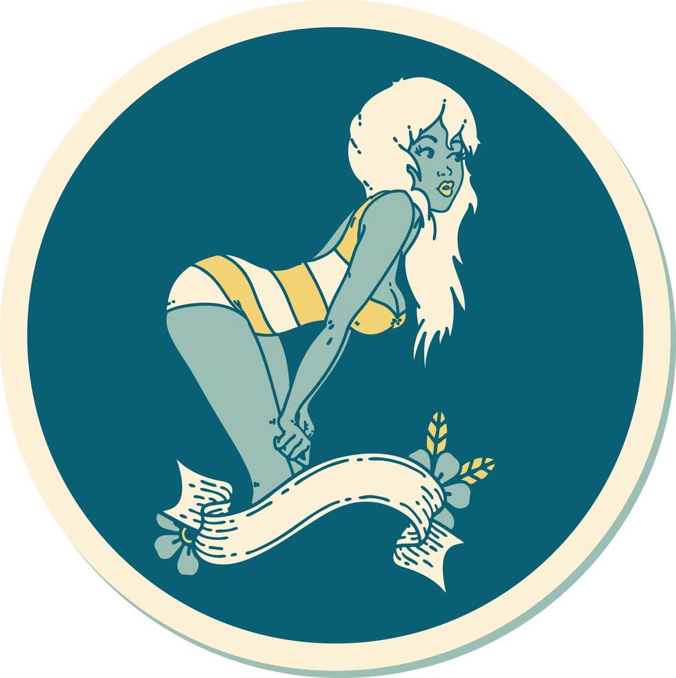 klistermärke av tatuering i traditionell stil av en utvikningsbrud flicka i simning kostym med baner vektor