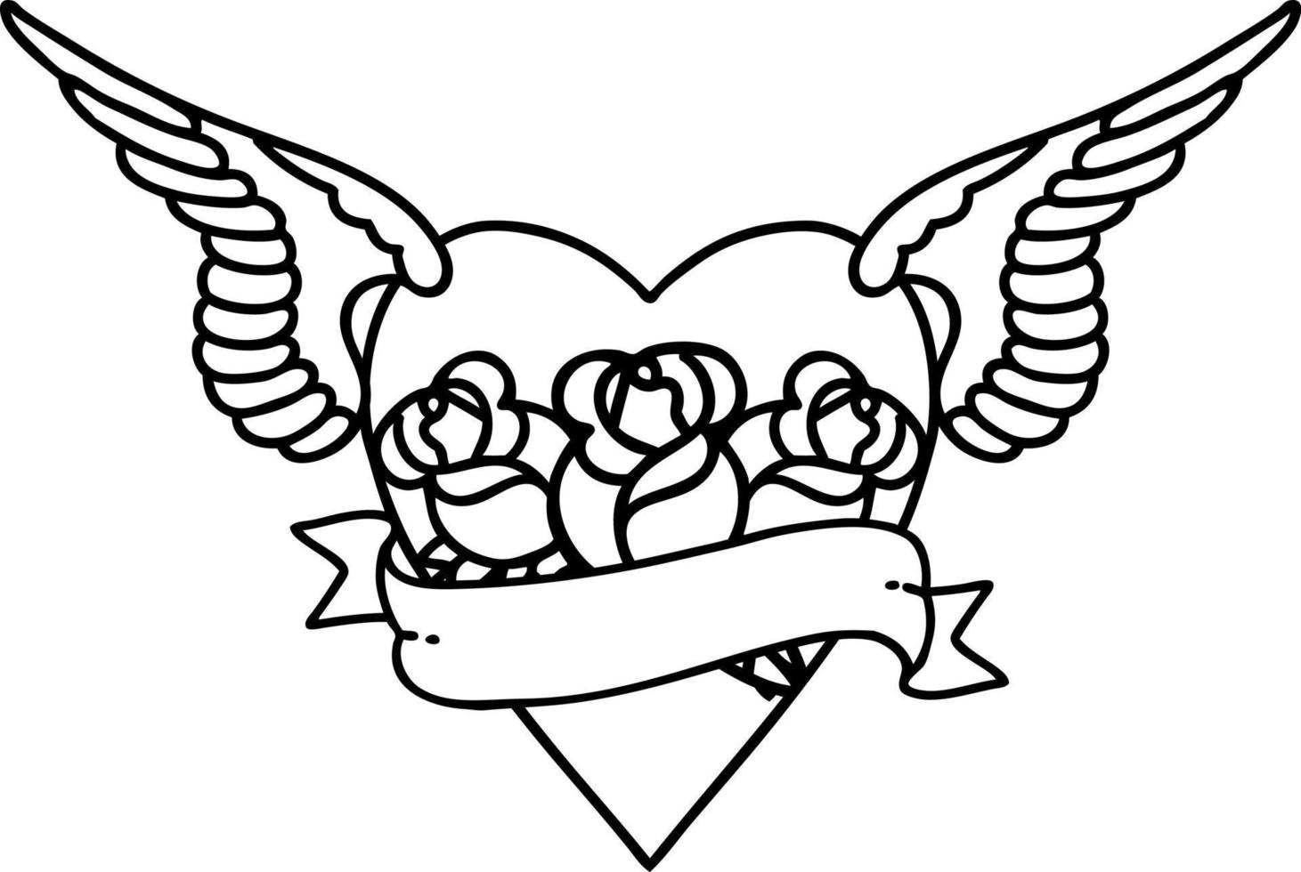 Tätowierung im schwarzen Linienstil des Herzens mit Flügeln, Blumen und Banner vektor