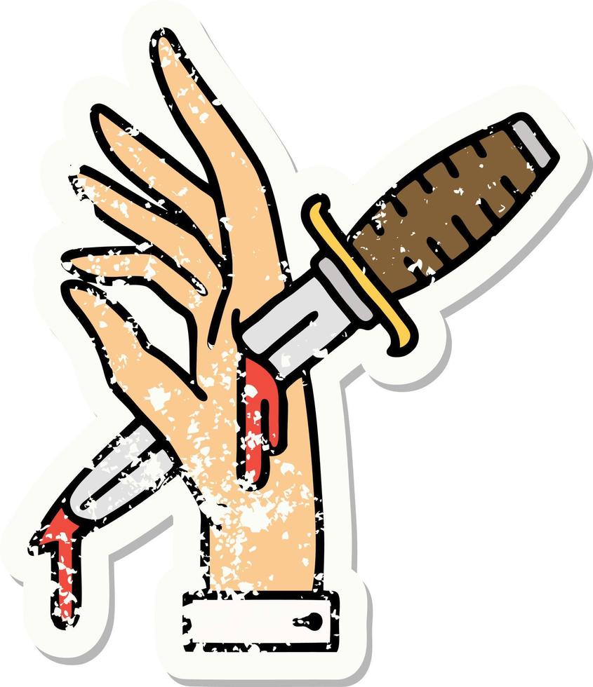 Distressed Sticker Tattoo im traditionellen Stil eines Dolches in der Hand vektor