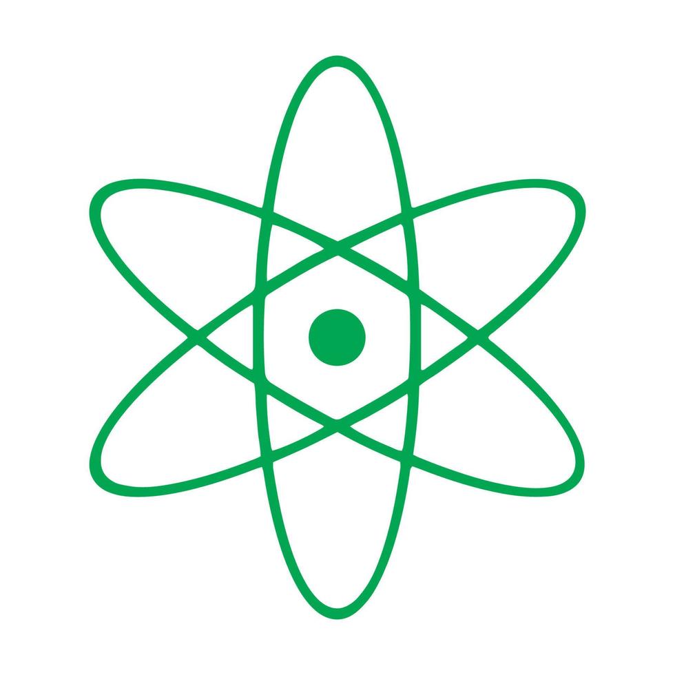 Atomsymbol isoliert. Symbol für Wissenschaft, Bildung, Kernphysik, wissenschaftliche Forschung. Elektronen und Protonenzeichen. lila Sechskantknopf. Vektor-Illustration vektor