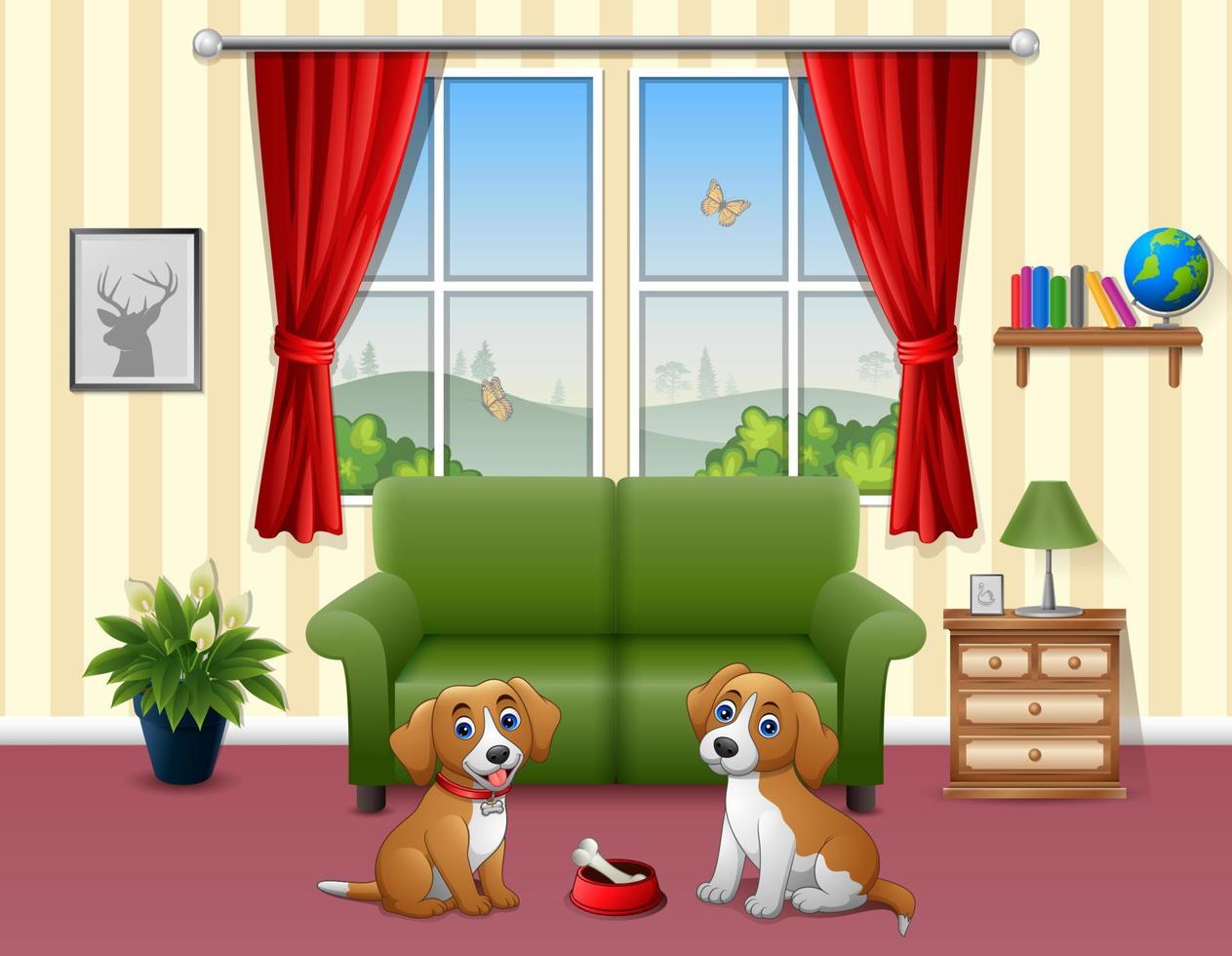 süße zwei hunde sitzen im wohnzimmer vektor