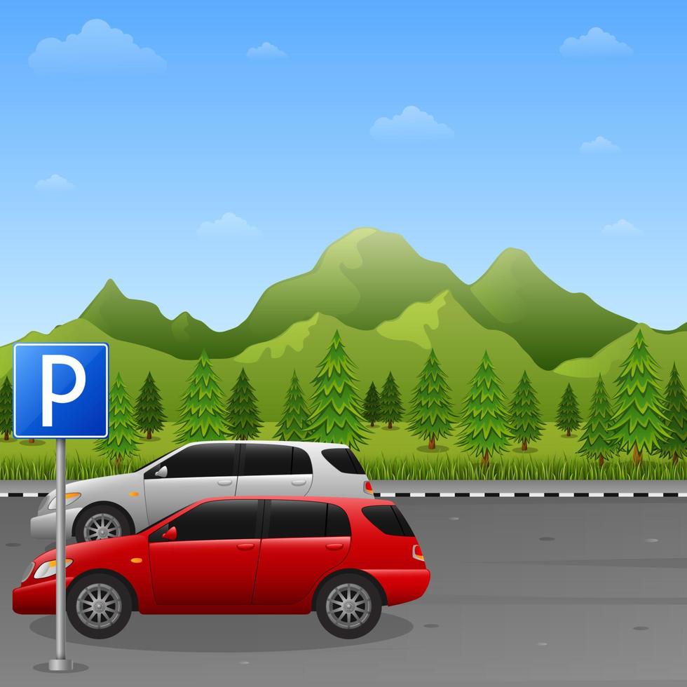 Berglandschaft mit Parkzonenschild und zwei Autos vektor