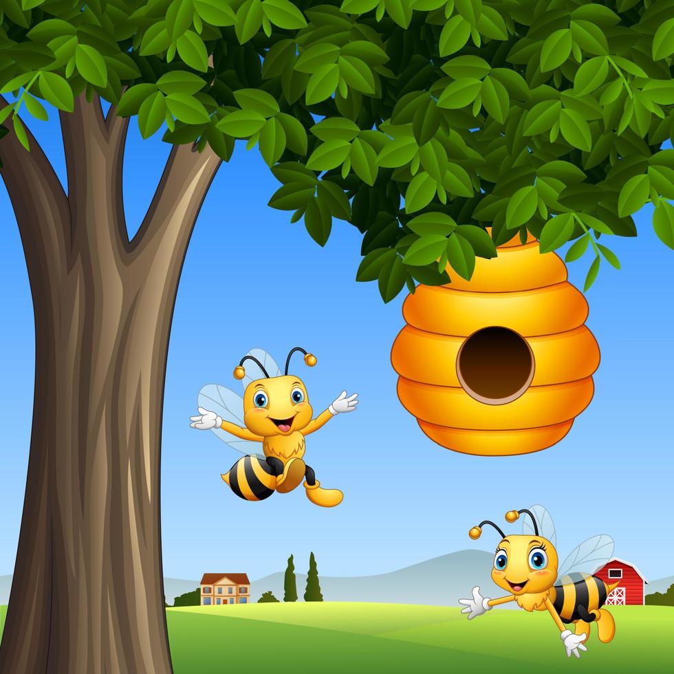 Cartoon-Bienen mit Honig unter einem Baum vektor