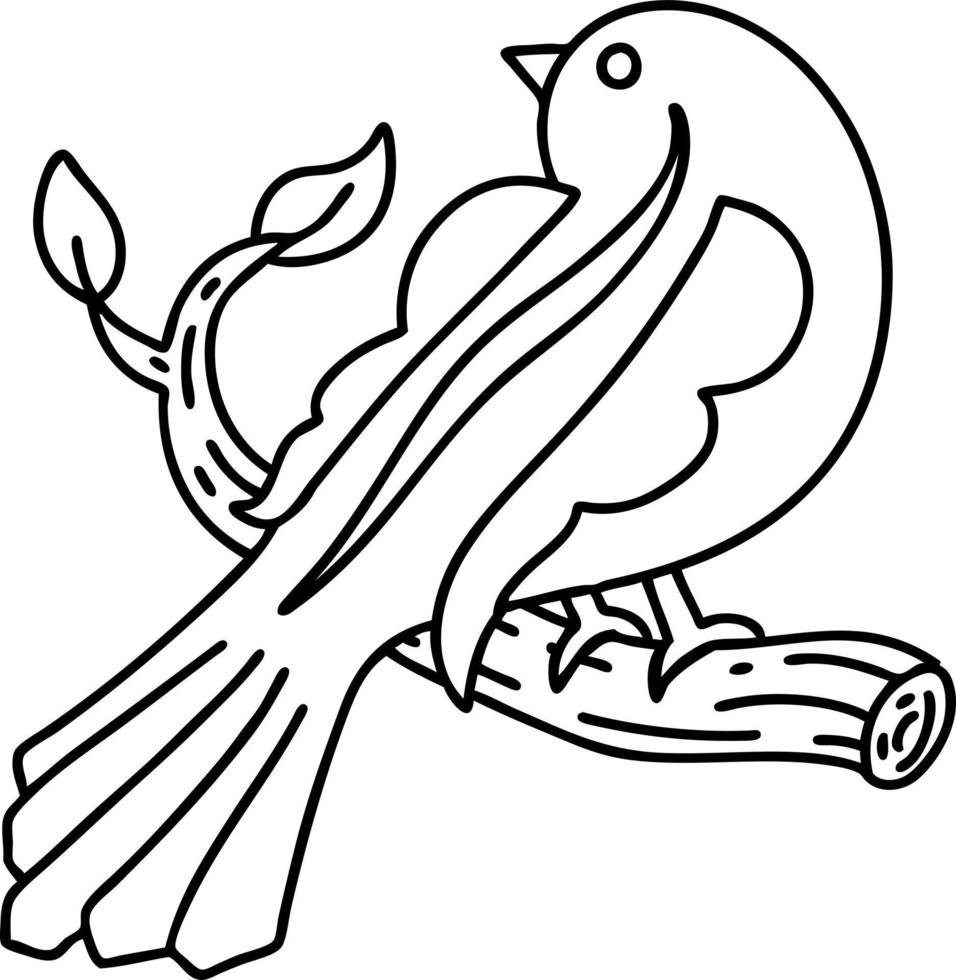 Tattoo im schwarzen Linienstil eines Vogels auf einem Ast vektor