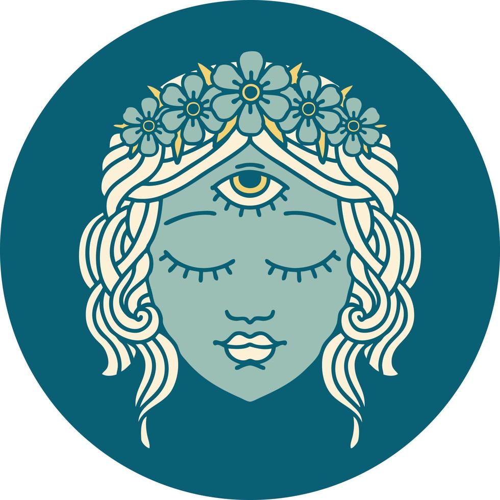 ikoniska tatuering stil bild av kvinna ansikte med tredje öga och krona av blommor vektor
