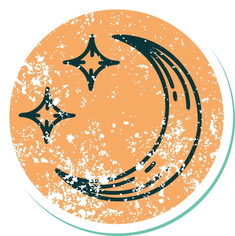 ikonisches, beunruhigtes Aufkleber-Tattoo-Stilbild eines Mondes und von Sternen vektor