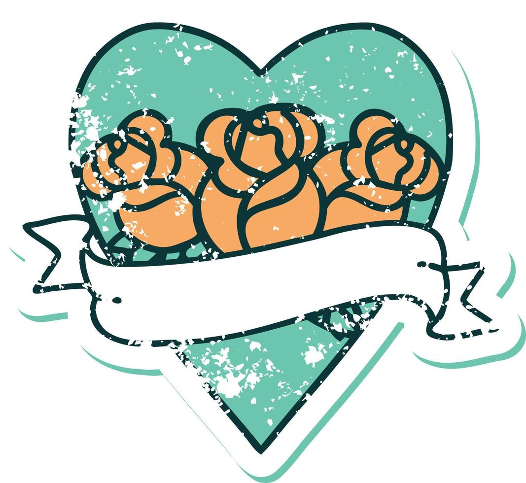 ikoniska bedrövad klistermärke tatuering stil bild av en hjärta och baner med blommor vektor