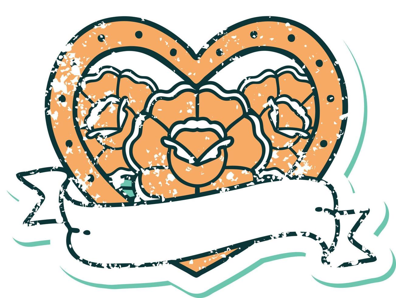 ikoniska bedrövad klistermärke tatuering stil bild av en hjärta och baner med blommor vektor