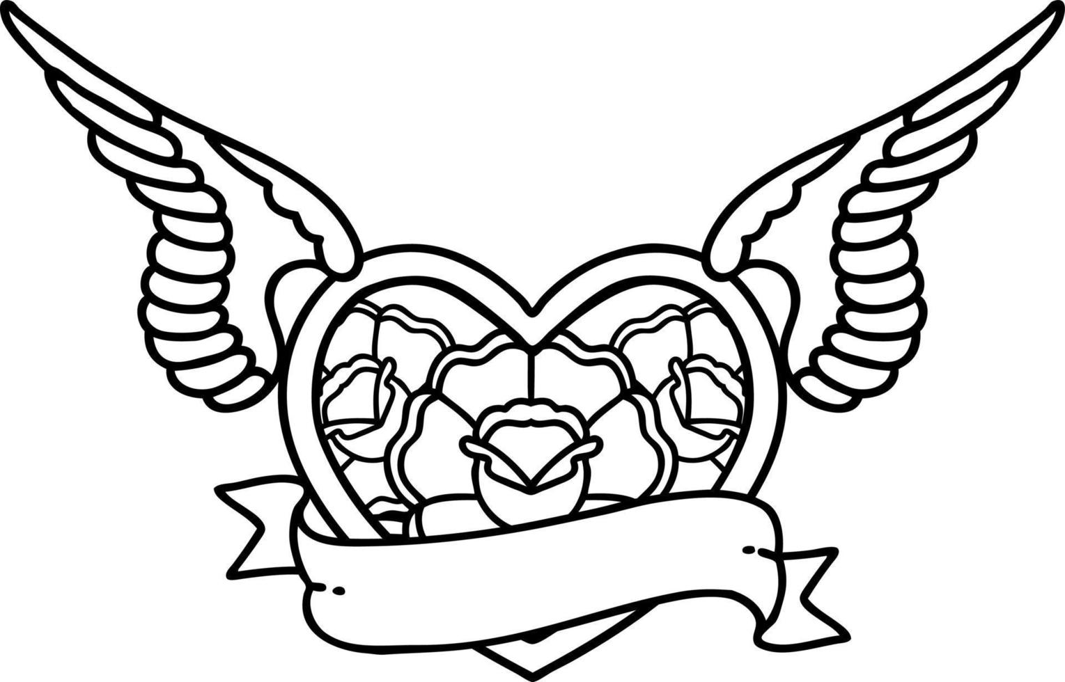 tatuering i svart linje stil av en flygande hjärta med blommor och baner vektor