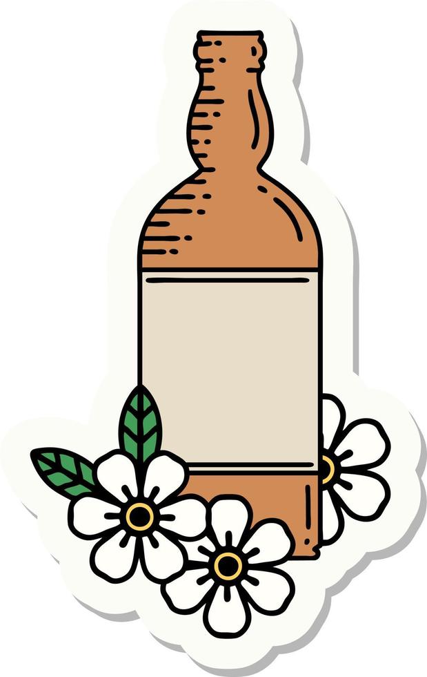 Aufkleber mit Tattoo im traditionellen Stil einer Rumflasche und Blumen vektor