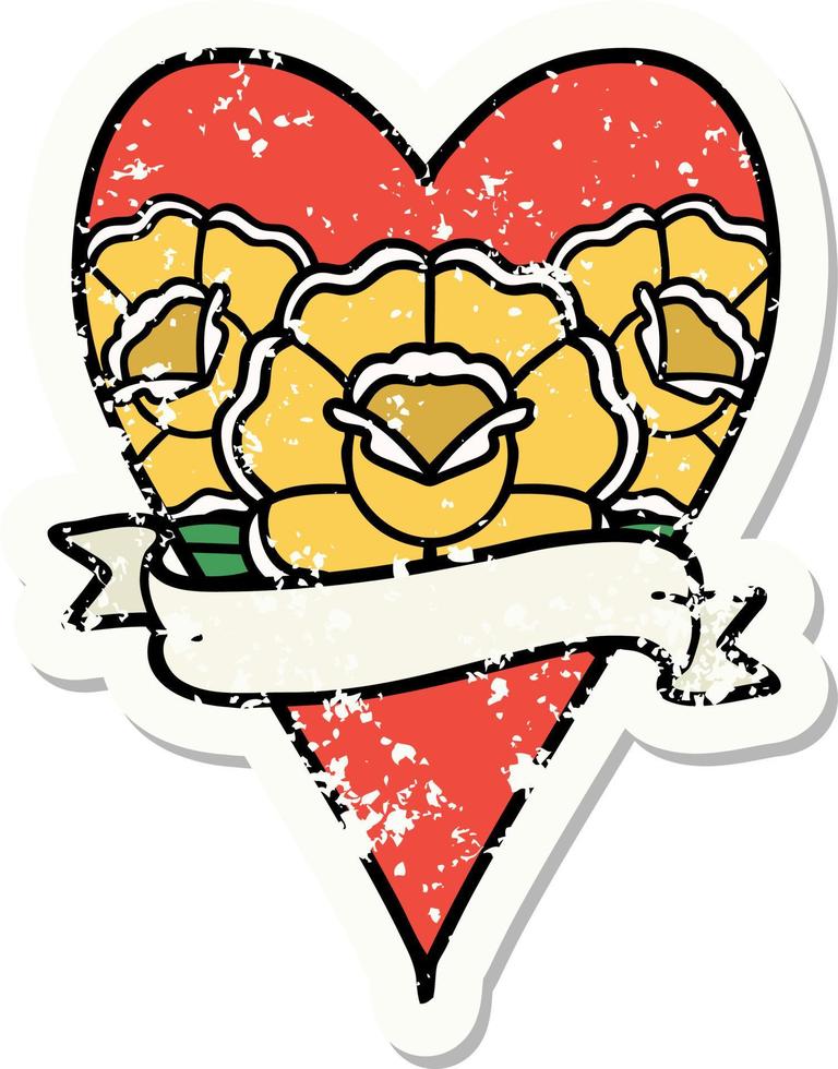 bedrövad klistermärke tatuering i traditionell stil av en hjärta och baner med blommor vektor