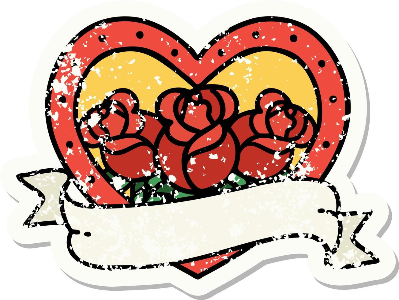 Distressed Sticker Tattoo im traditionellen Stil eines Herzens und eines Banners mit Blumen vektor