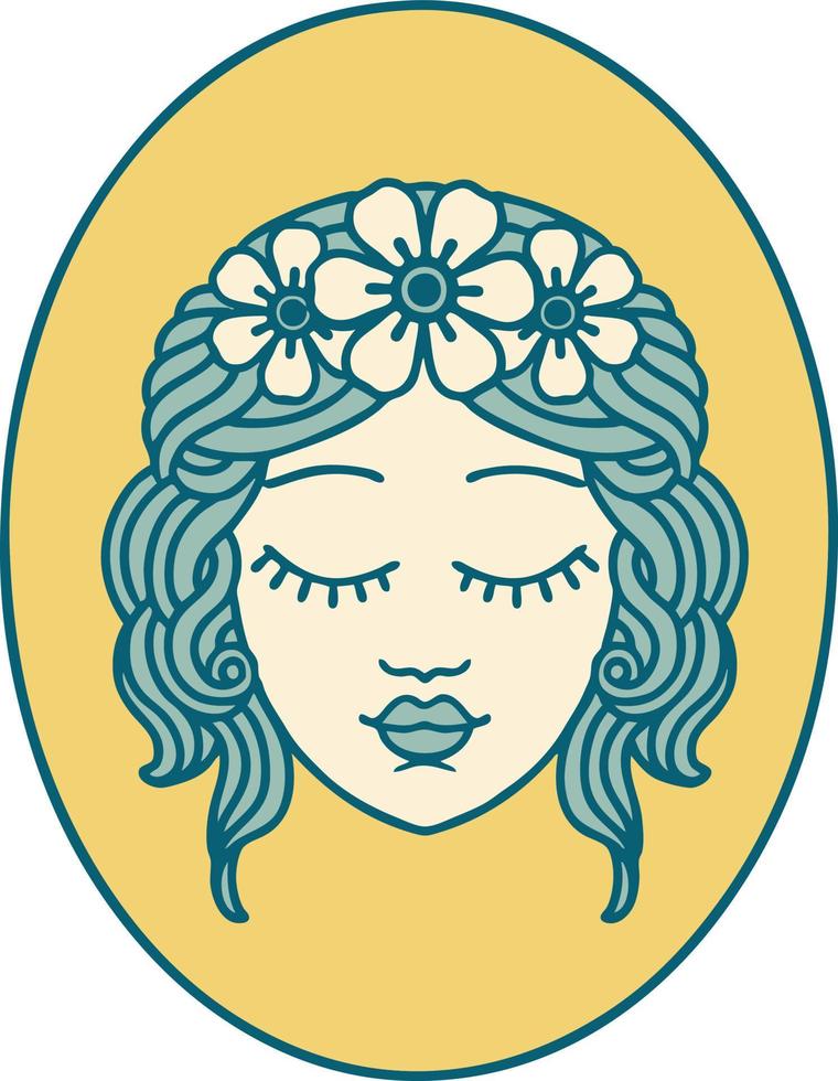 ikonisches Bild im Tattoo-Stil eines Mädchens mit geschlossenen Augen vektor
