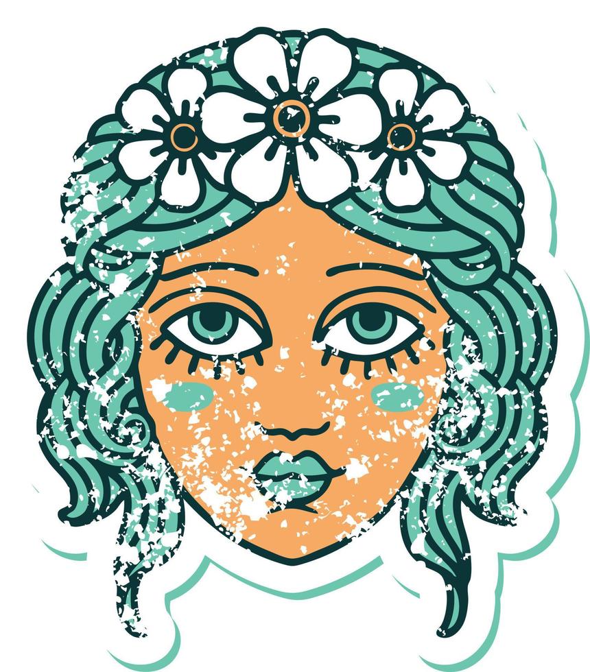 ikonisches beunruhigtes Aufkleber-Tattoo-Stilbild des weiblichen Gesichts mit Blumenkrone vektor