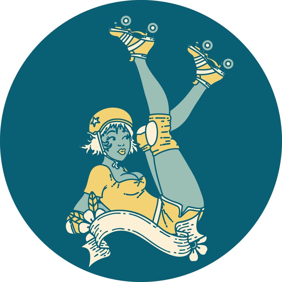 Tätowierung im traditionellen Stil eines Pinup-Roller-Derby-Mädchens mit Banner vektor