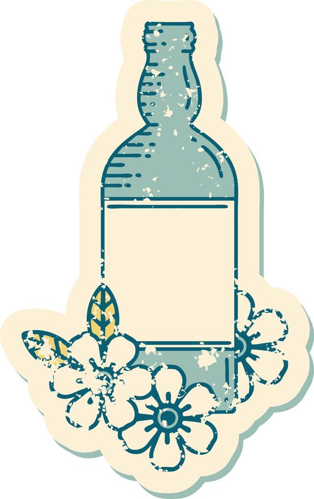ikonisches, beunruhigtes Aufkleber-Tattoo-Stilbild einer Rumflasche und Blumen vektor
