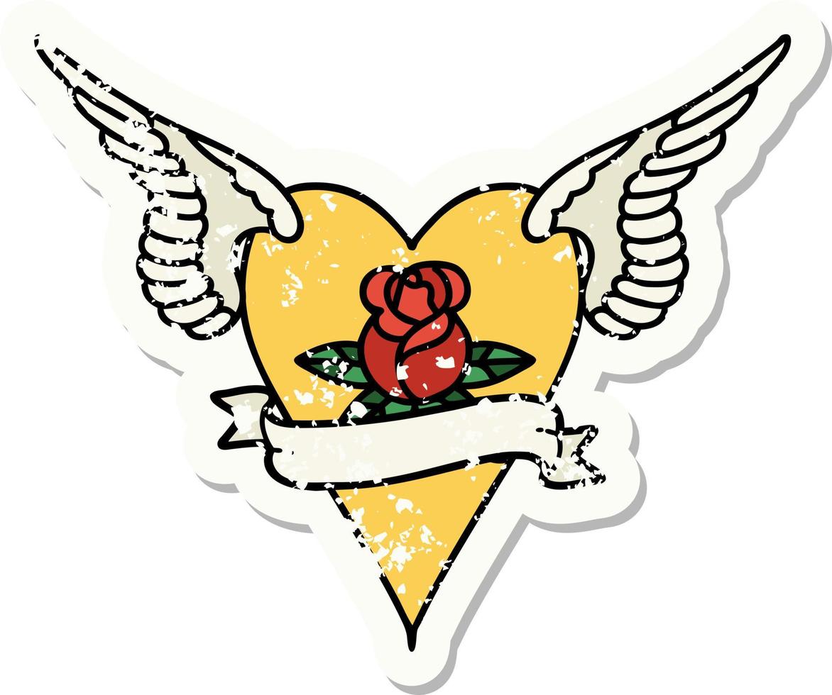 Distressed Sticker Tattoo im traditionellen Stil eines fliegenden Herzens mit Blumen und Banner vektor