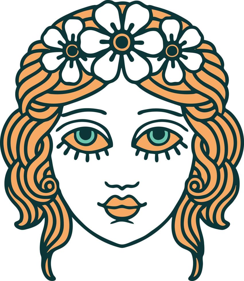 ikonisches Bild im Tattoo-Stil des weiblichen Gesichts mit Blumenkrone vektor
