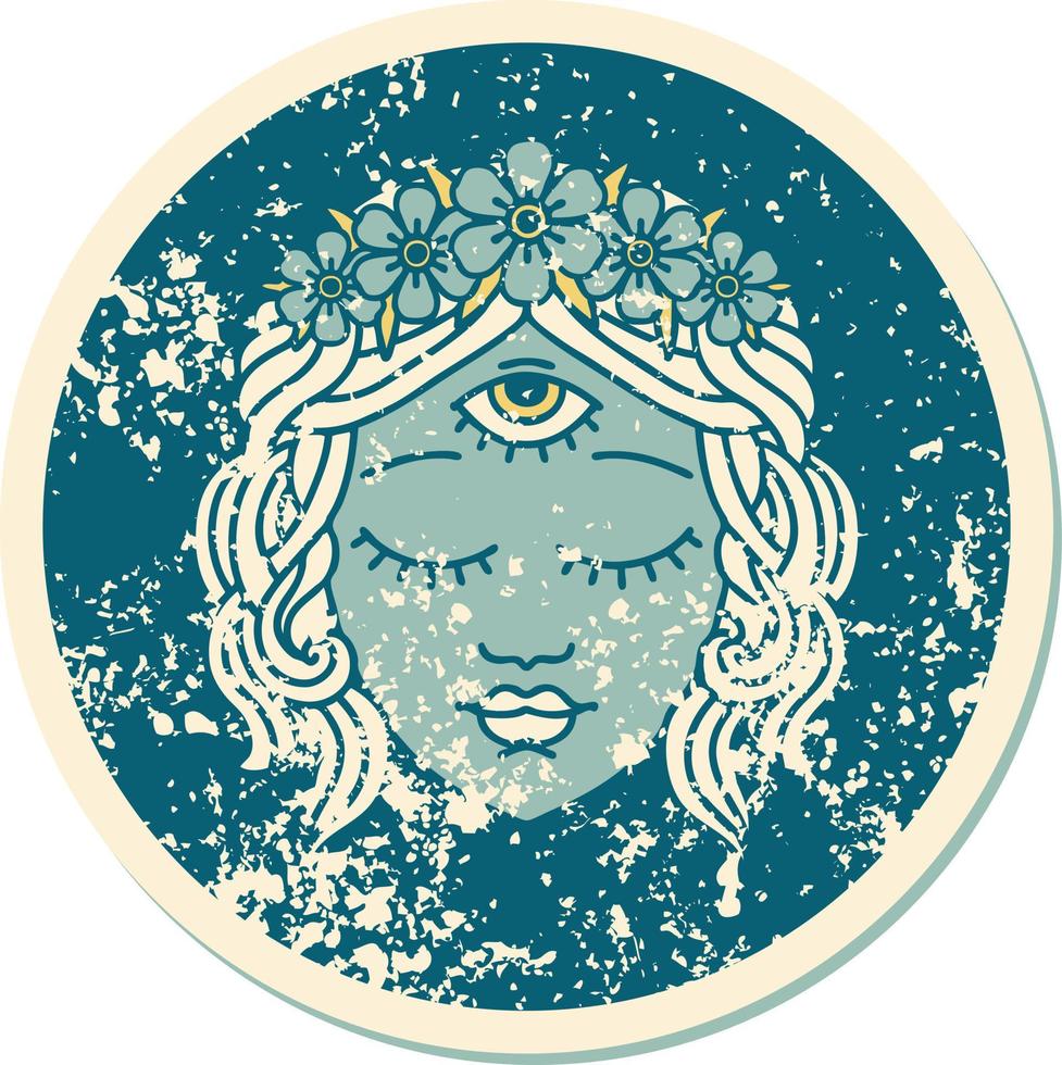 ikonisches Distressed Sticker Tattoo Style Bild des weiblichen Gesichts mit drittem Auge und Blumenkrone vektor