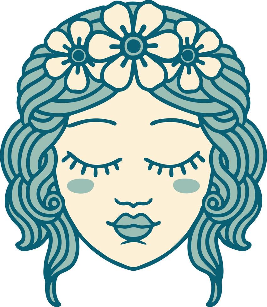 ikoniska tatuering stil bild av kvinna ansikte med ögon stängd vektor