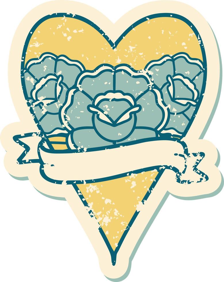 ikonisches Distressed Sticker Tattoo Style Bild eines Herzens und Banner mit Blumen vektor