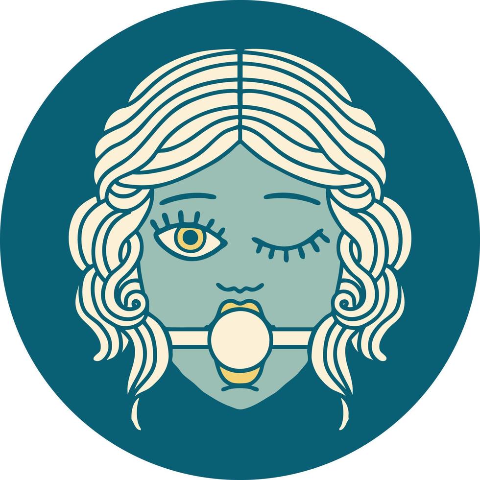 ikonisches Bild im Tattoo-Stil eines zwinkernden weiblichen Gesichts mit Ballknebel vektor