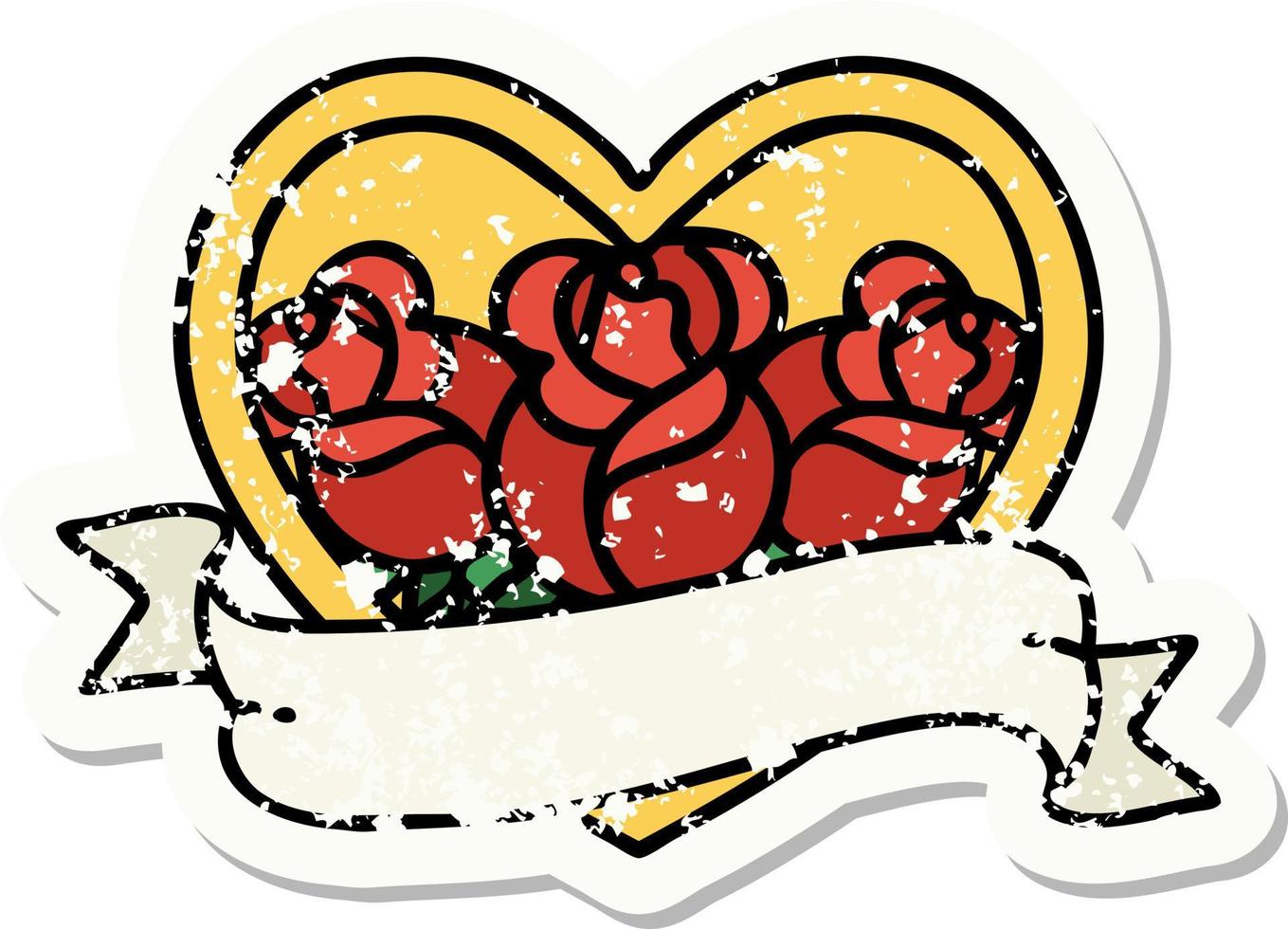 Distressed Sticker Tattoo im traditionellen Stil eines Herzens und eines Banners mit Blumen vektor