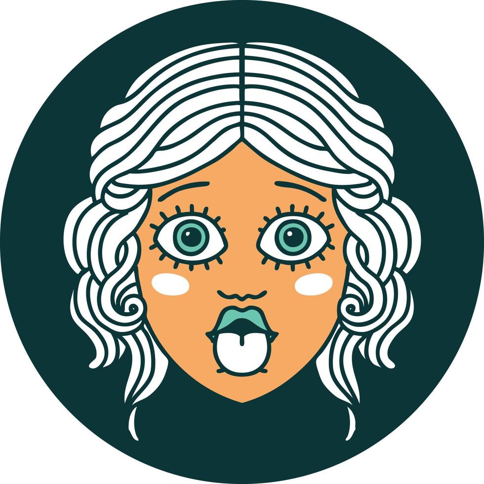 ikonisches Bild im Tattoo-Stil eines weiblichen Gesichts, das die Zunge herausstreckt vektor