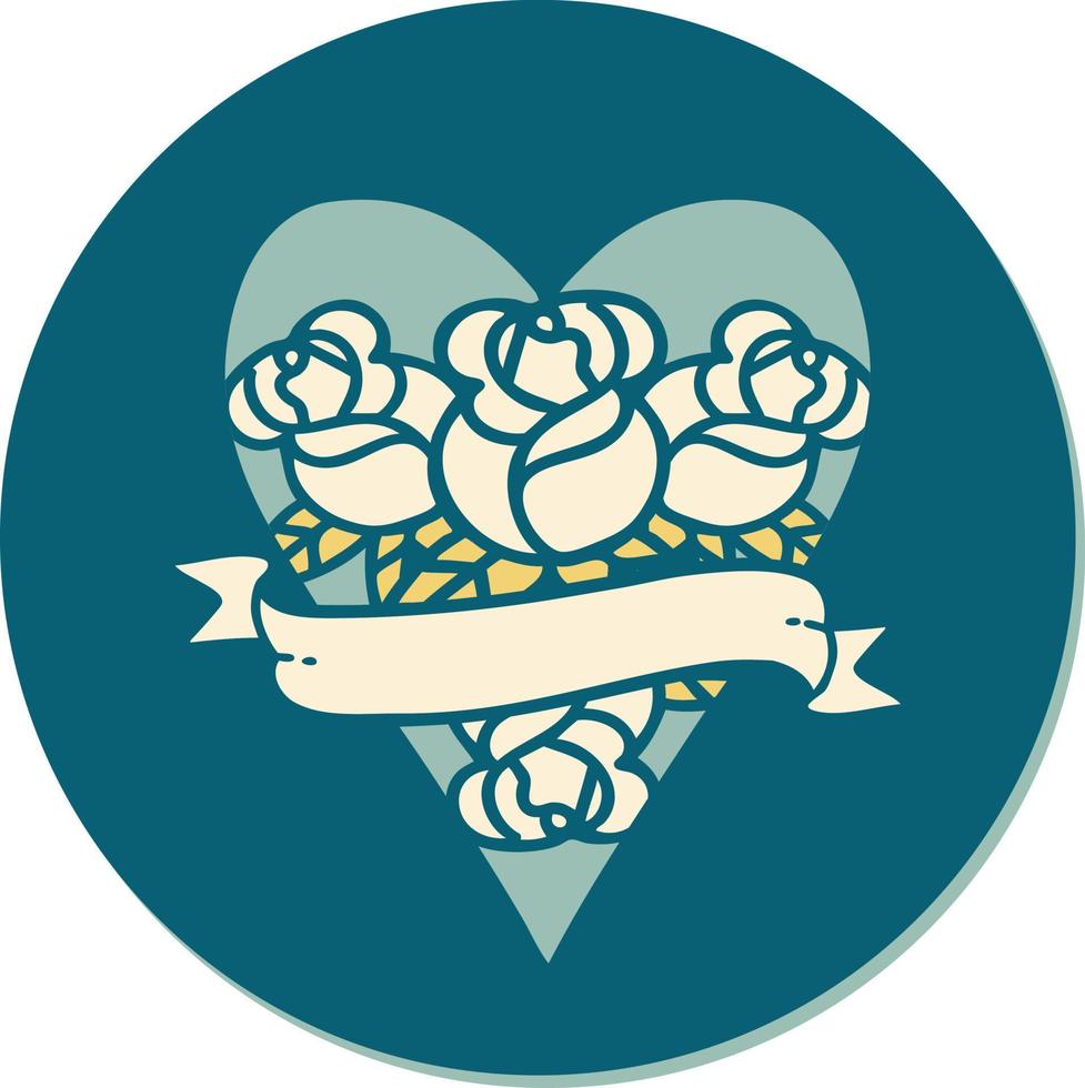 klistermärke av tatuering i traditionell stil av en hjärta och baner med blommor vektor