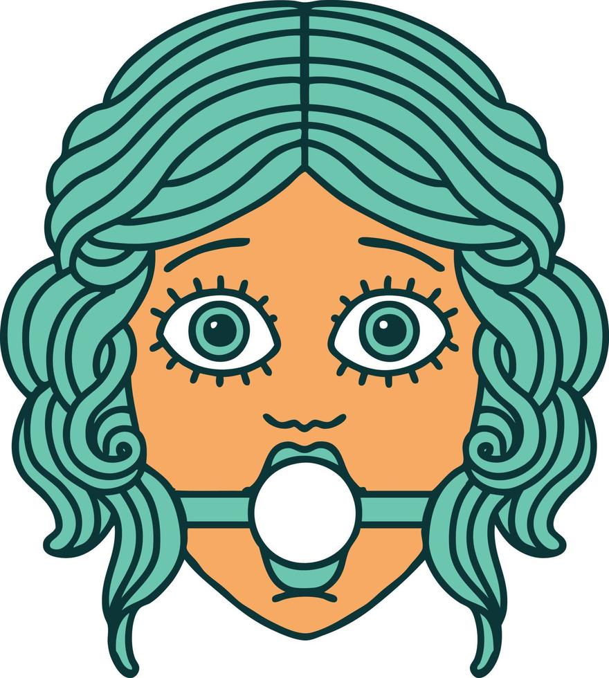 ikonisches Bild im Tattoo-Stil eines weiblichen Gesichts, das einen Ballknebel trägt vektor