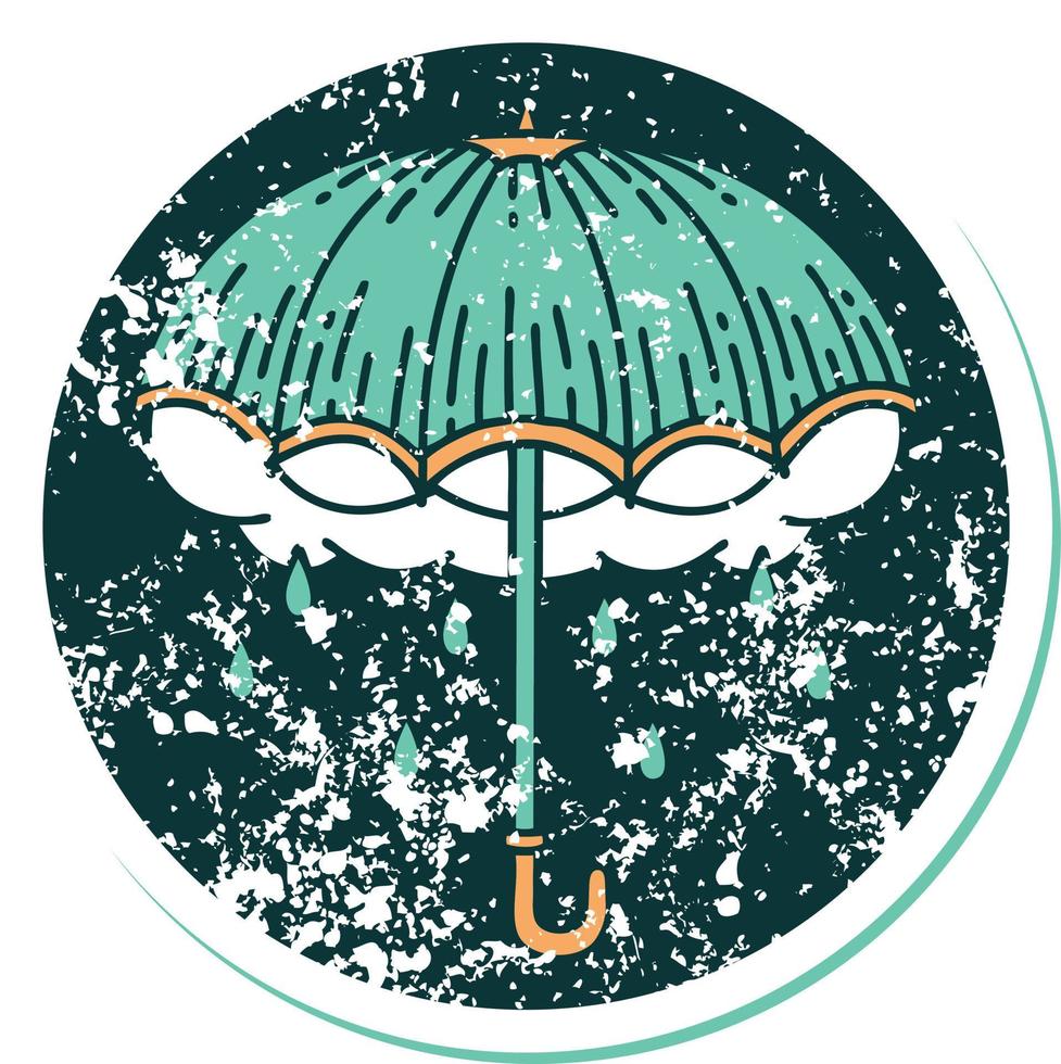 ikonisches beunruhigtes Aufkleber-Tätowierungsartbild eines Regenschirms und einer Sturmwolke vektor